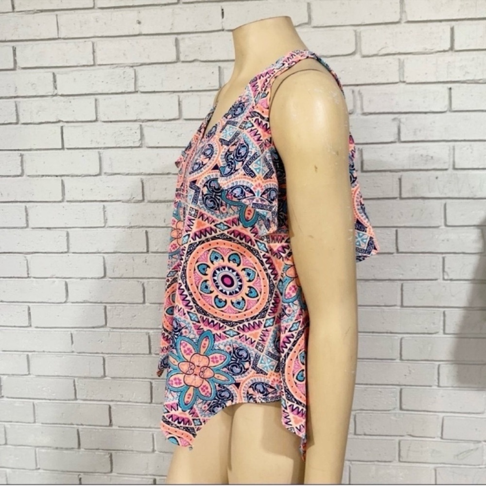 Aqua Pink Asymmetrical Ruffled Sleeveless Tank Top - Picture 2 of 3